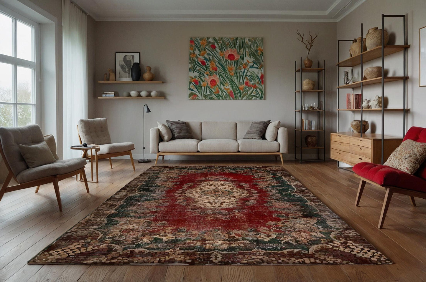 Red Vintage oriental Rug: Classic Washable Rug with Tassels