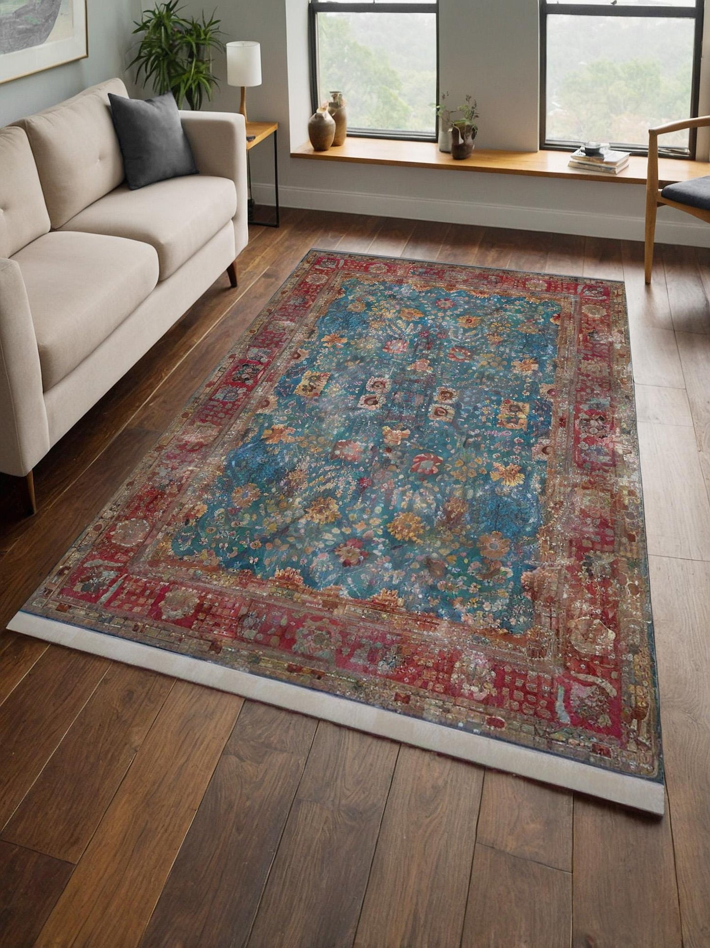 Blue Vintage Rug: Classic Washable Rug with Tassels