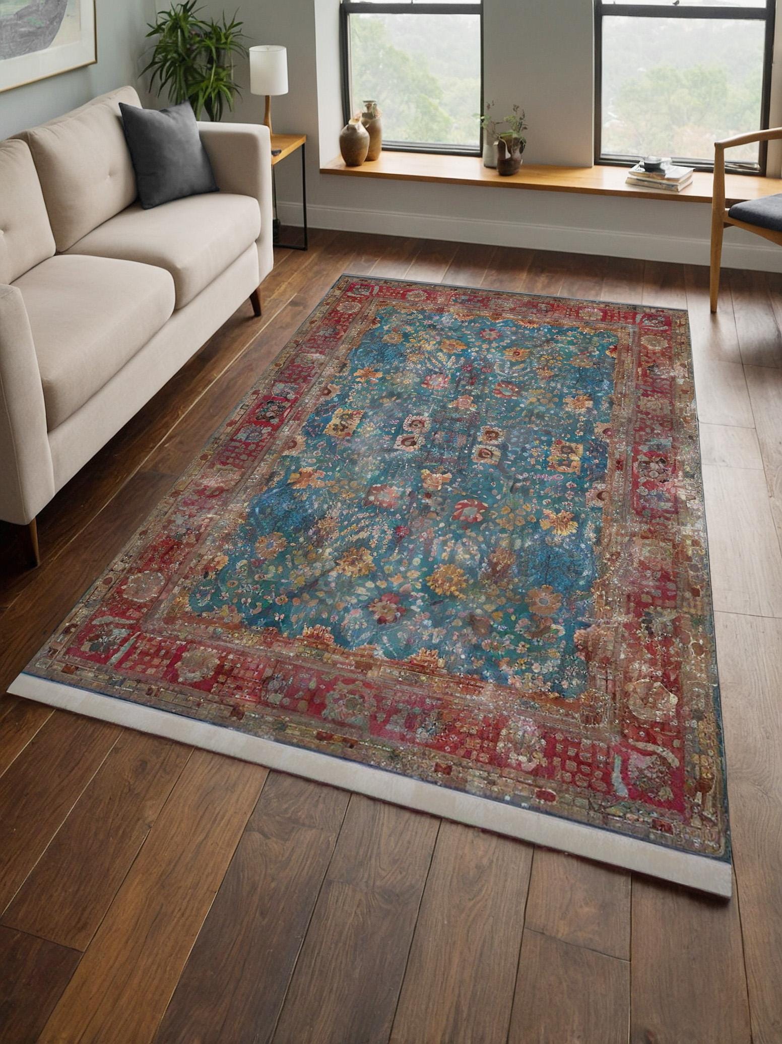 Blue Vintage Rug: Classic Washable Rug with Tassels