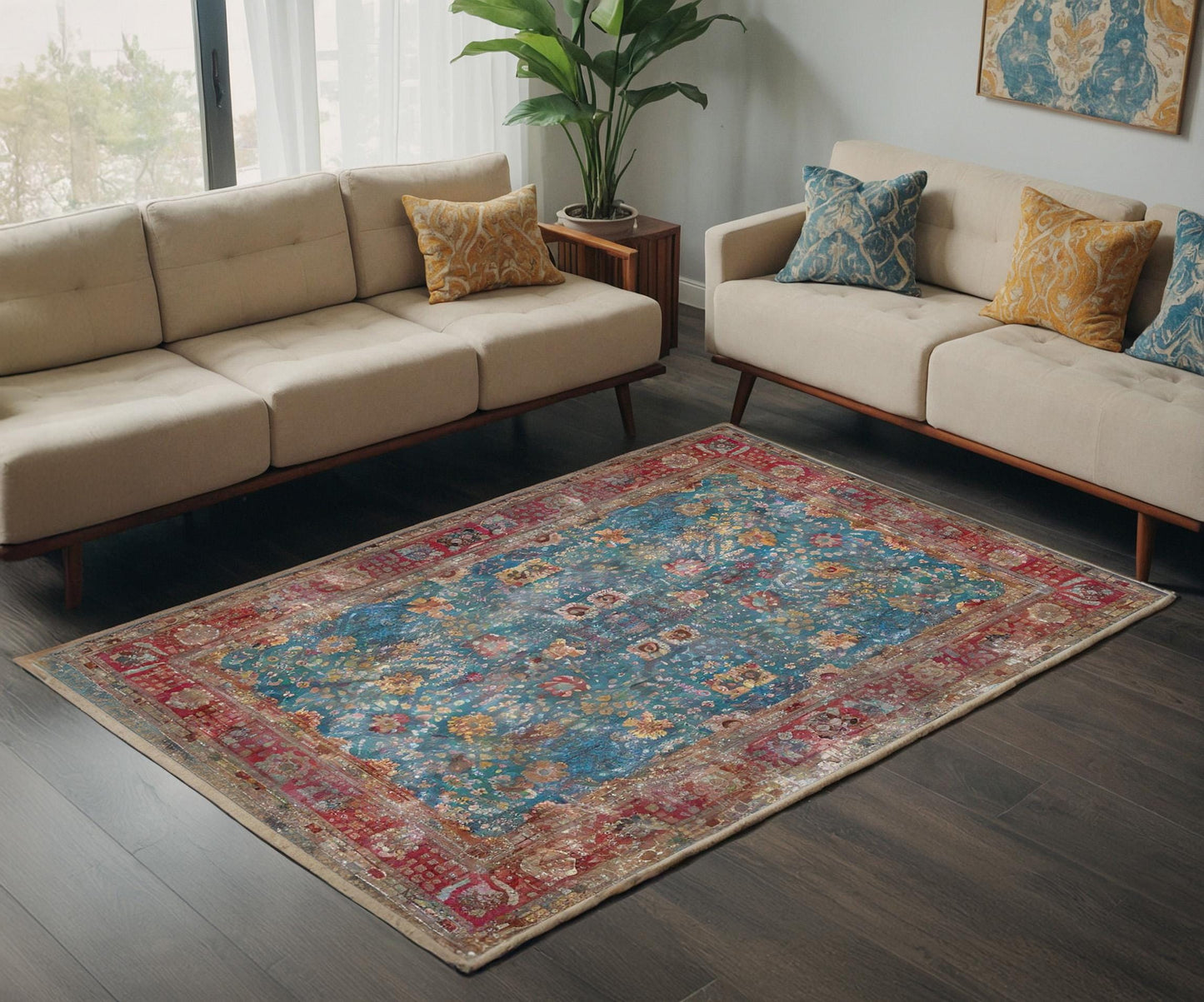 Blue Vintage Rug: Classic Washable Rug with Tassels