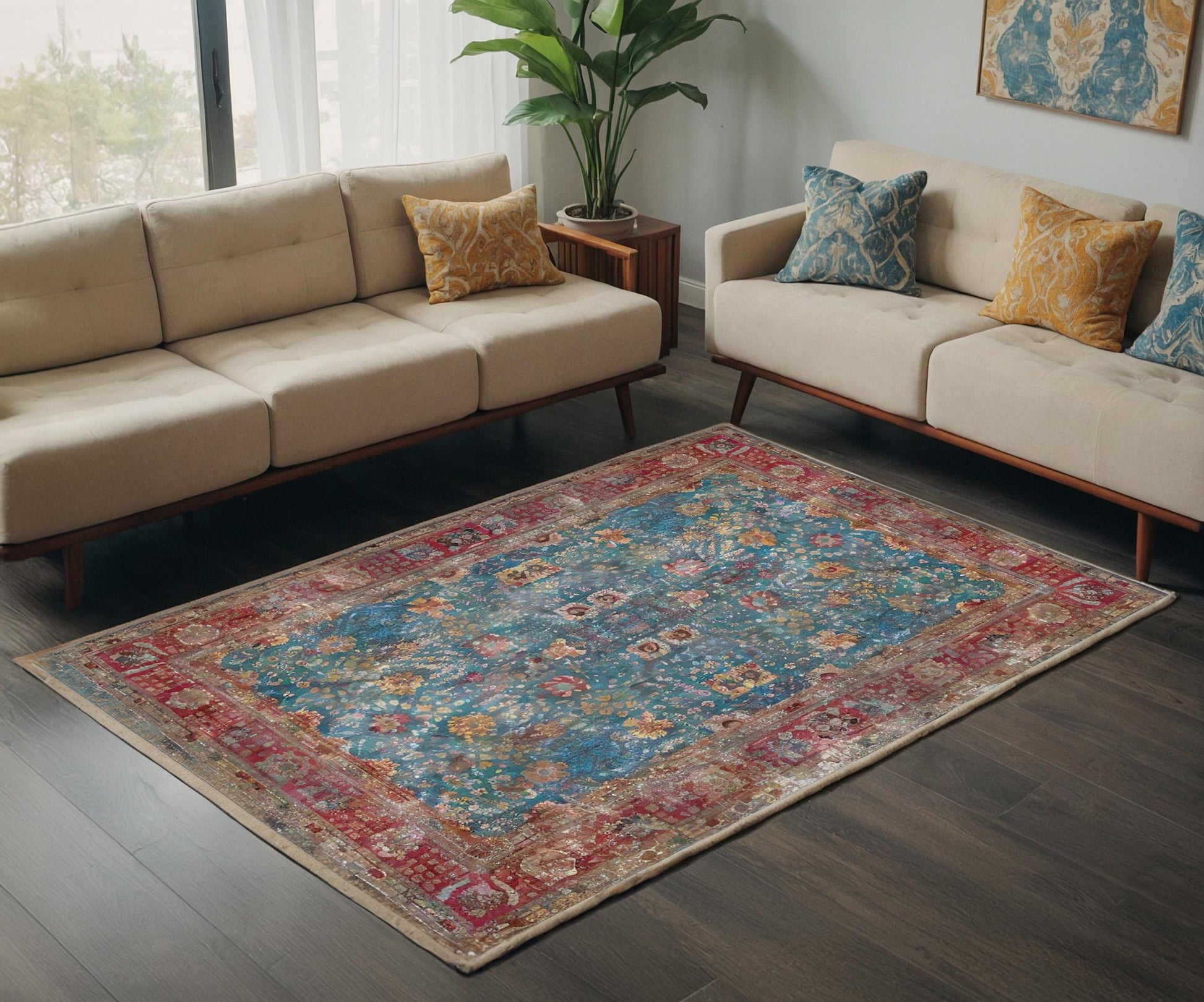 Blue Vintage Rug: Classic Washable Rug with Tassels