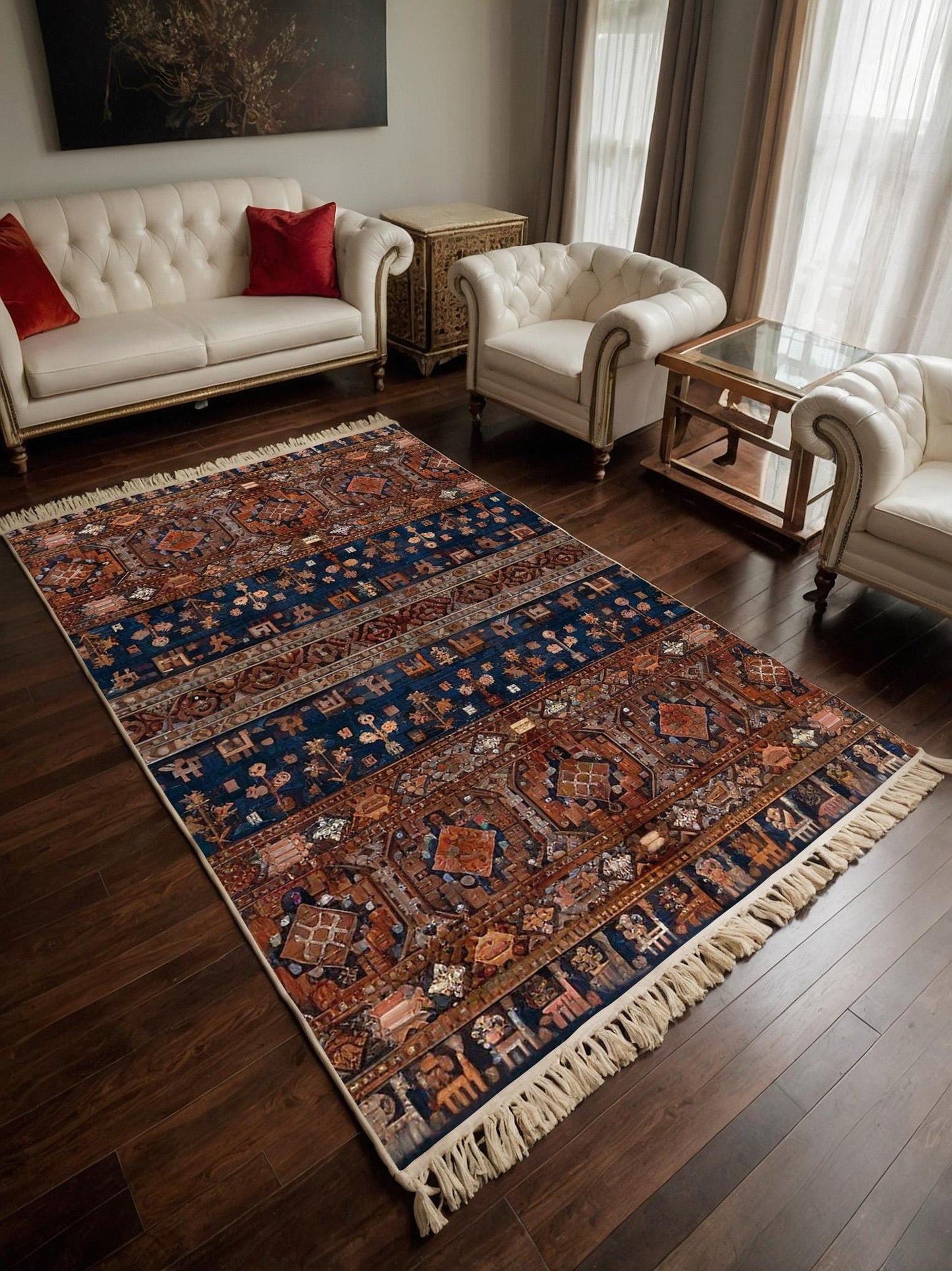 Blue Vintage Orienatl Rug: Classic Washable Rug with Tassels