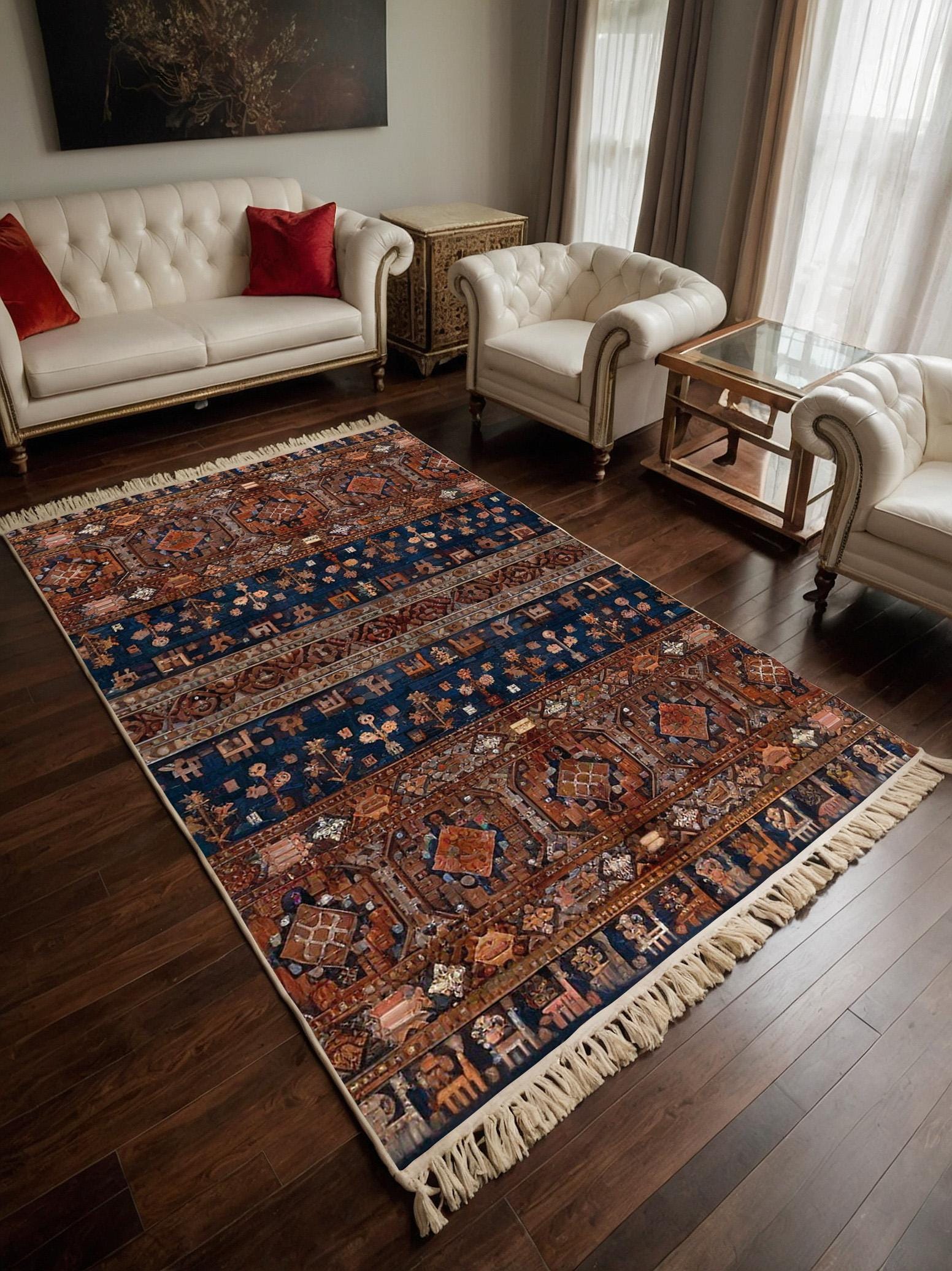 Blue Vintage Orienatl Rug: Classic Washable Rug with Tassels