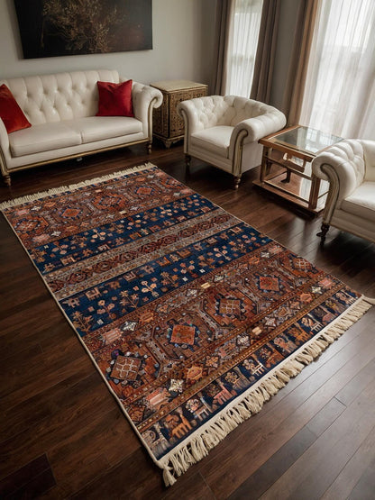 Blue Vintage Orienatl Rug: Classic Washable Rug with Tassels