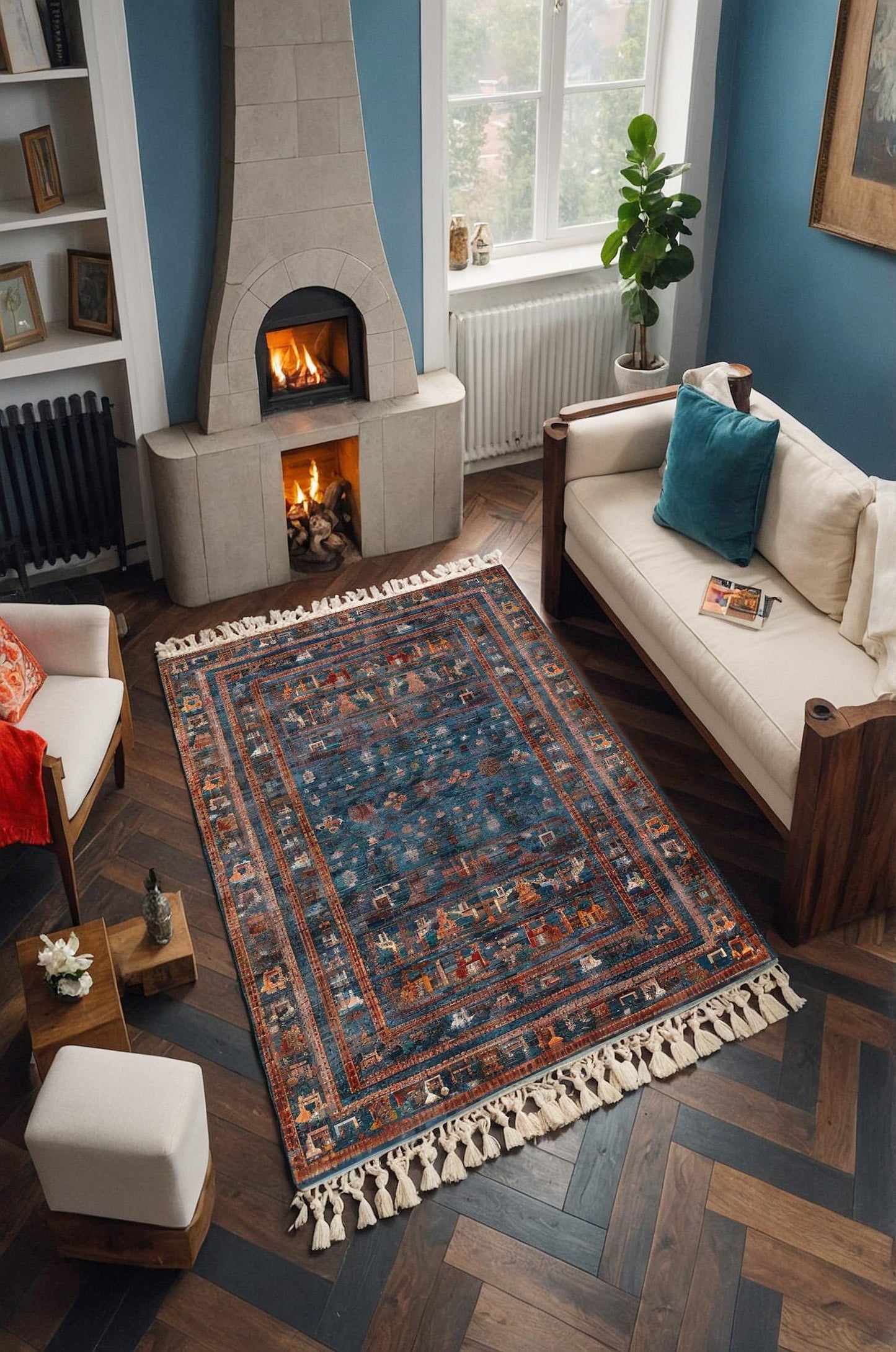 Blue Vintage Oriental Rug: Washable Living Room Rug with Tassels