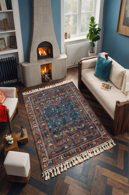 Blue Vintage Oriental Rug: Washable Living Room Rug with Tassels