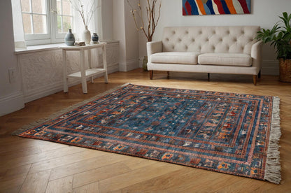 Blue Vintage Oriental Rug: Washable Living Room Rug with Tassels