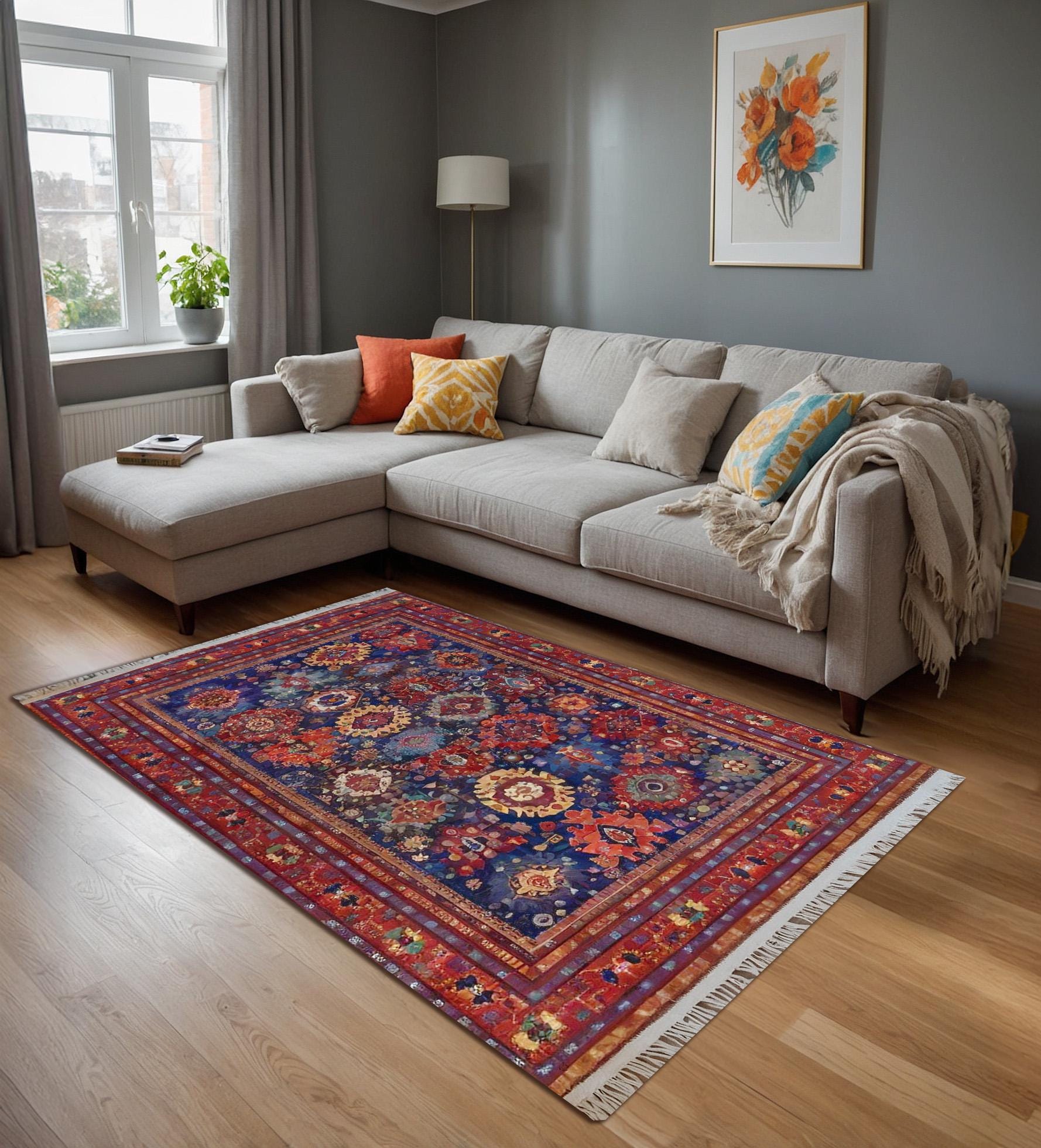Blue Vintage Oriental Rug: Classic Washable Rug with Tassels