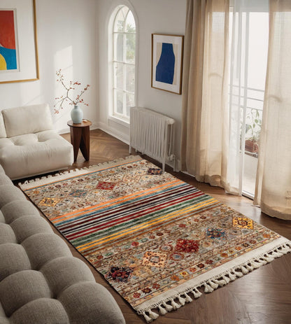Beige Vintage Rug: Washable Living Room Rug with Tassels