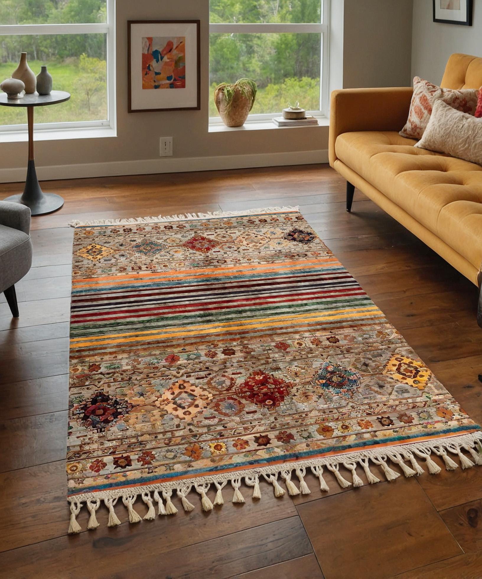Beige Vintage Rug: Washable Living Room Rug with Tassels