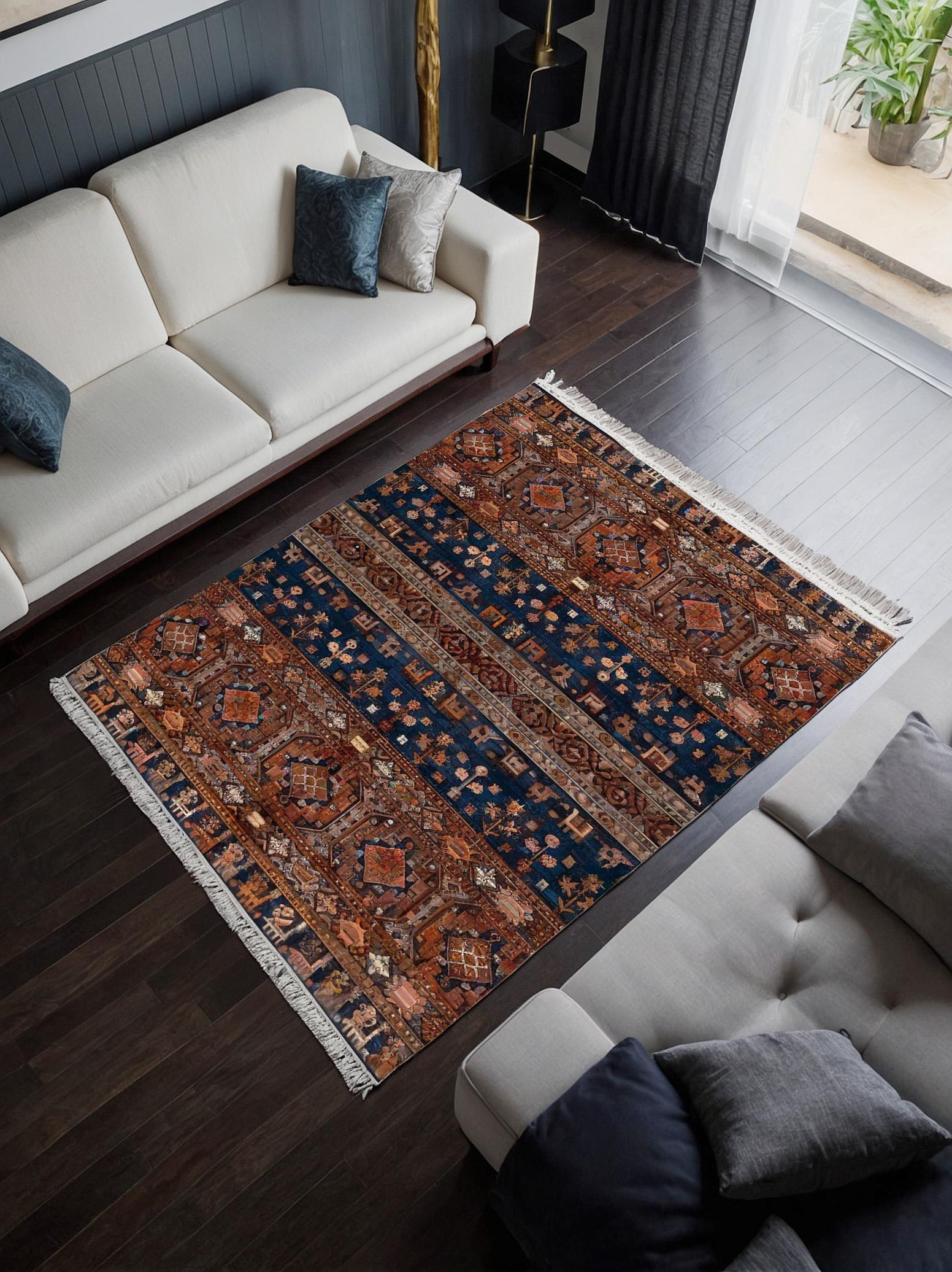 Blue Vintage Orienatl Rug: Classic Washable Rug with Tassels