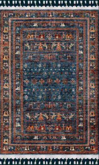 Blue Vintage Oriental Rug: Washable Living Room Rug with Tassels