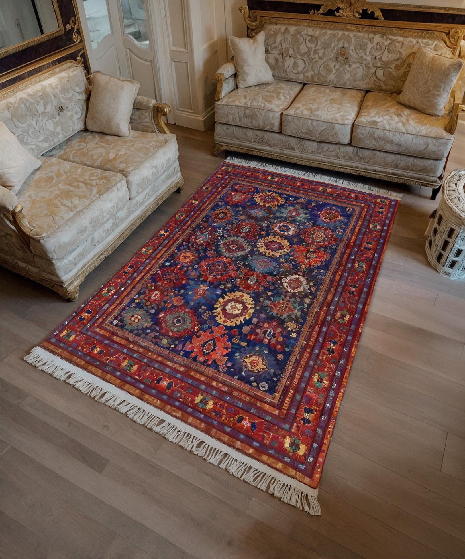 Blue Vintage Oriental Rug: Classic Washable Rug with Tassels