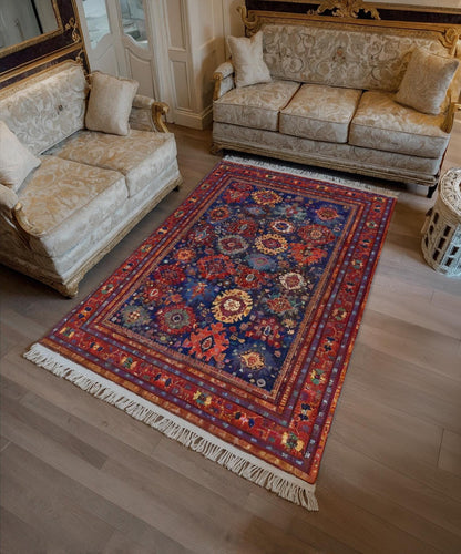 Blue Vintage Oriental Rug: Classic Washable Rug with Tassels