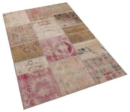 Handmade Wool Turkish Patchwork Rug: 4x6 Vintage Bohemian Area Rug