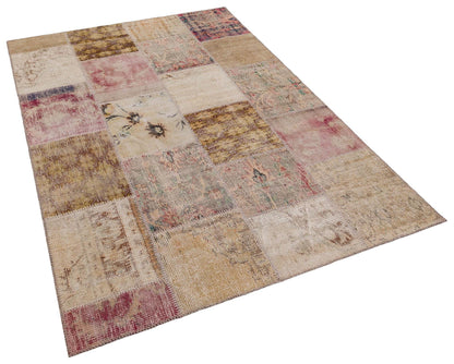 5x8 Handmade Wool Turkish Patchwork Rug: Vintage Bohemian Area Rug
