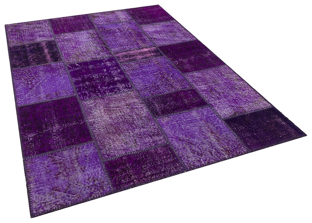 Handmade Wool Turkish Patchwork Rug: Purple Vintage Carpet (5.6x8)