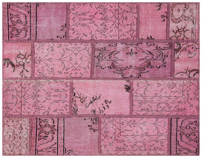 Handmade Wool Turkish Patchwork Rug: Vintage Pink Bohemian Area Rug (4.2x5.4)