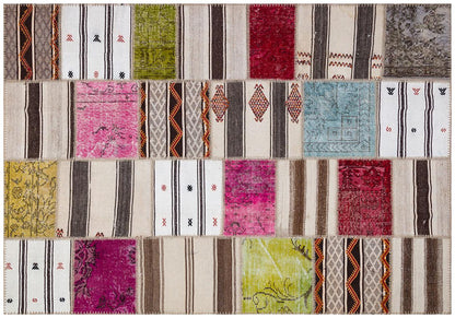 Handmade Turkish Patchwork Kilim Rug: Colorful Upcycled Wool, 5.6x8