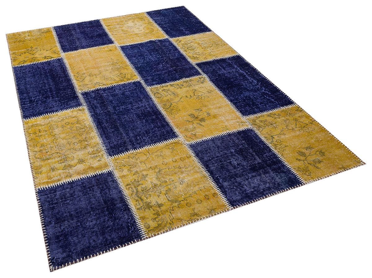 Handmade Wool Turkish Patchwork Rug: Vintage Bohemian Area Rug (5.6x8)