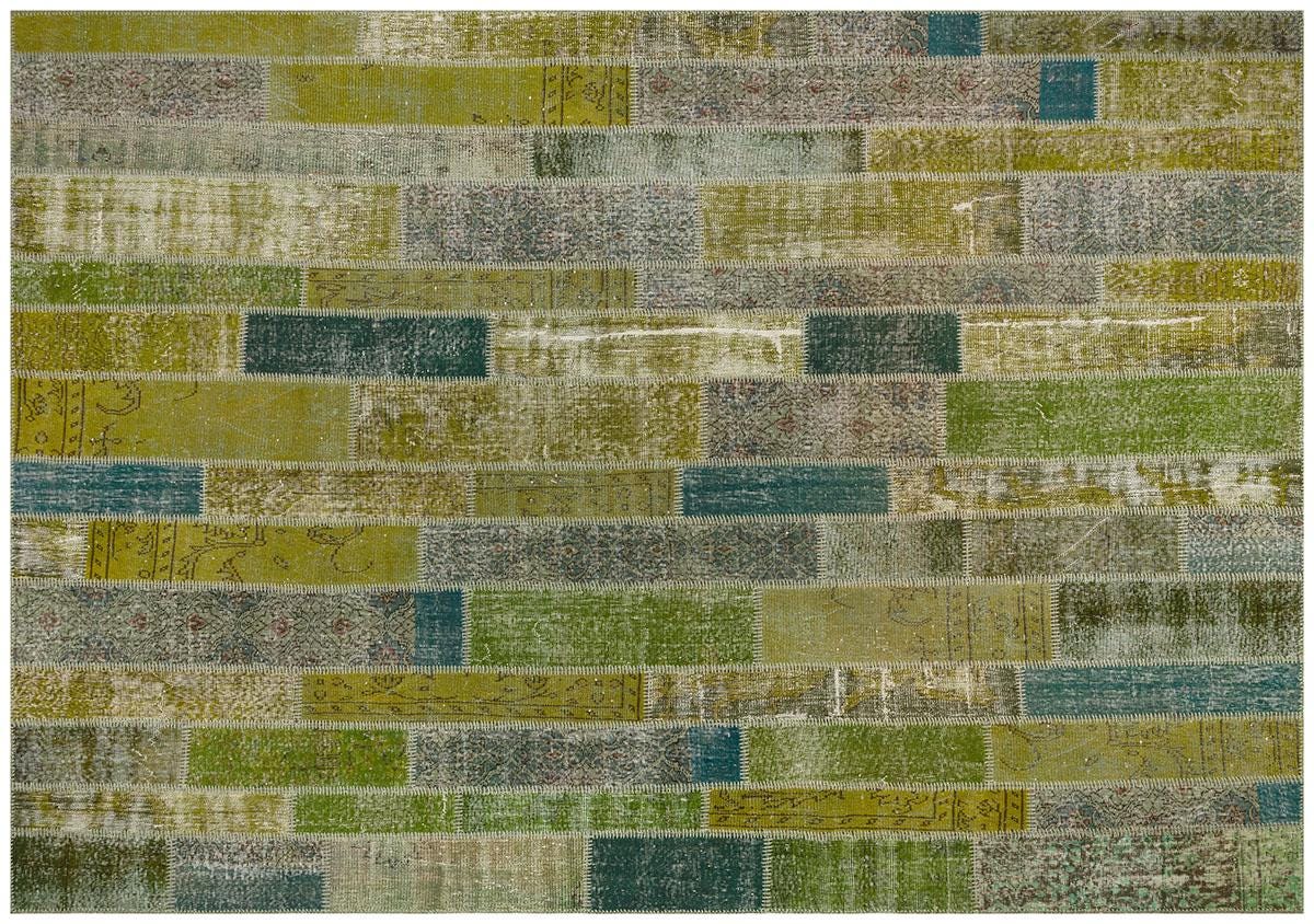 Handmade Wool Turkish Patchwork Rug: Green Vintage Area Rug (8.2x11.5)