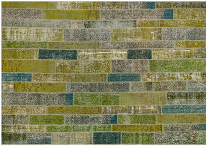 Handmade Wool Turkish Patchwork Rug: Green Vintage Area Rug (8.2x11.5)