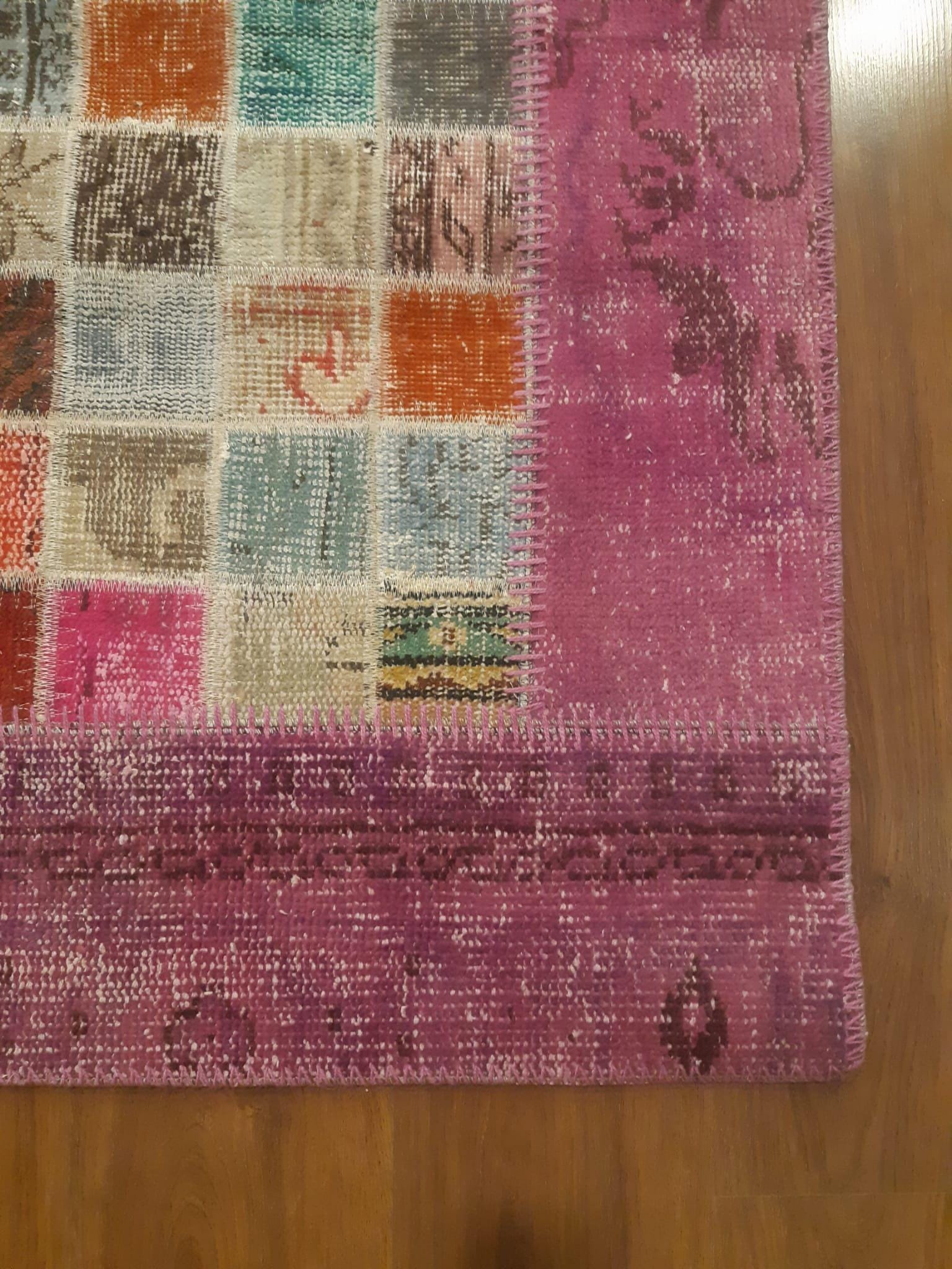 Handmade Wool Turkish Patchwork Rug: Pink Bohemian Vintage Area Rug