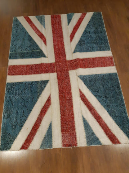 British Flag Patchwork Rug: Handmade Wool Anatolian Design