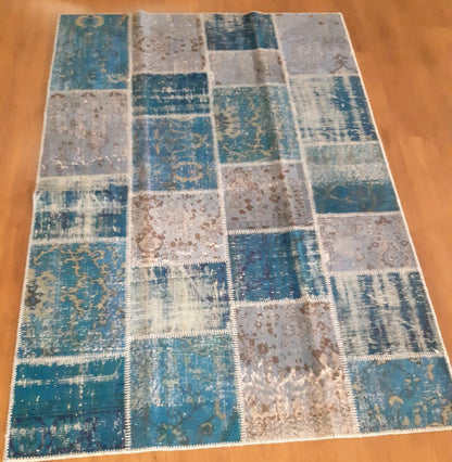 5.6x8, Handmade Wool Turkish Patchwork Rug – Vintage, Bohemian, One-of-a-Kind Area Rug