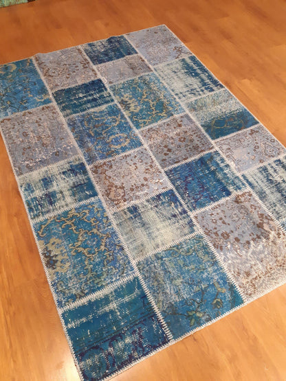 5.6x8, Handmade Wool Turkish Patchwork Rug – Vintage, Bohemian, One-of-a-Kind Area Rug