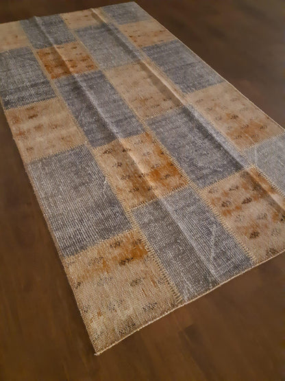 4.3x7.9, Handmade Wool Turkish Patchwork Rug – Vintage, Bohemian, One-of-a-Kind Area Rug