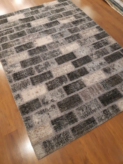 Handmade Turkish Patchwork Rug: 5.6x8 ft Wool Anatolian Area Rug