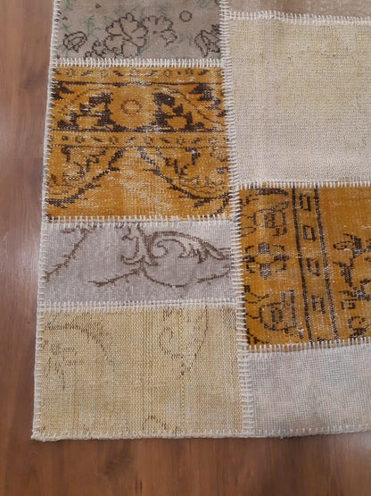 5.4x7.4, Handmade Wool Turkish Patchwork Rug – Vintage, Bohemian, One-of-a-Kind Area Rug