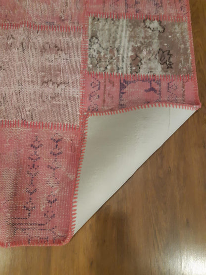 Handmade Pink Patchwork Rug: Bohemian Wool Area Rug (4x6 ft)