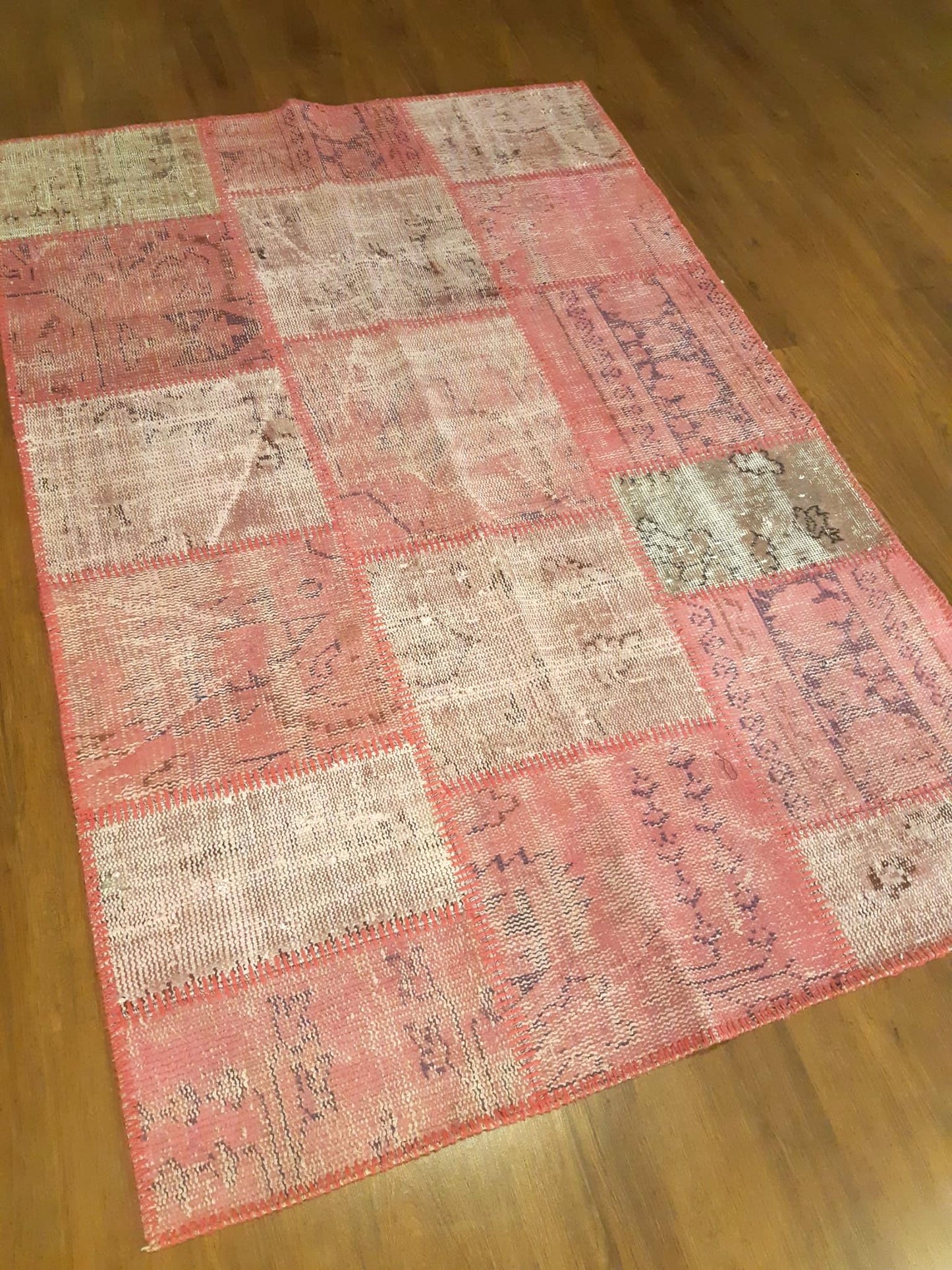 Handmade Pink Patchwork Rug: Bohemian Wool Area Rug (4x6 ft)