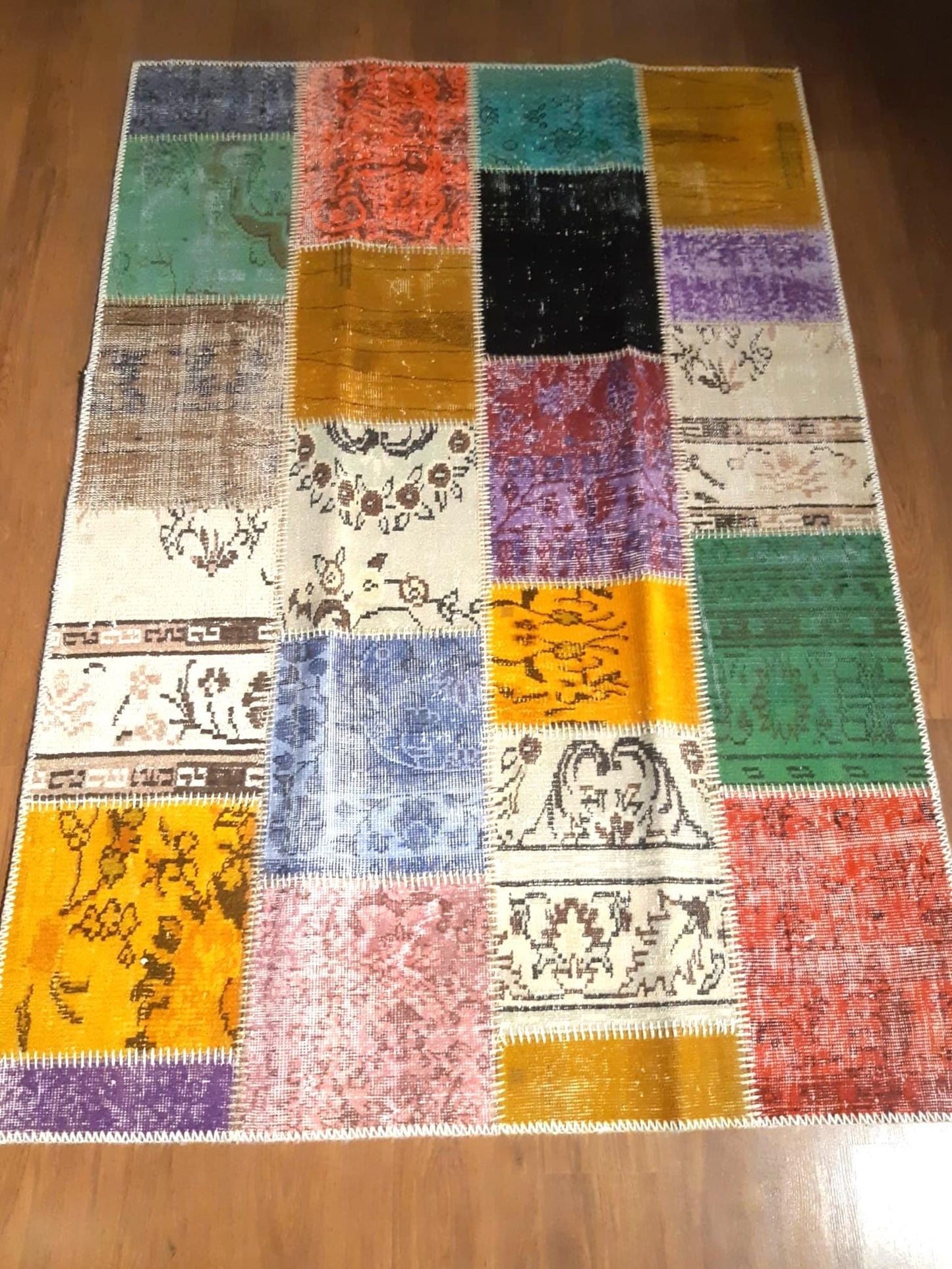 4.6x6.6, Handmade Wool Turkish Patchwork Rug – Vintage, Bohemian, One-of-a-Kind Area Rug