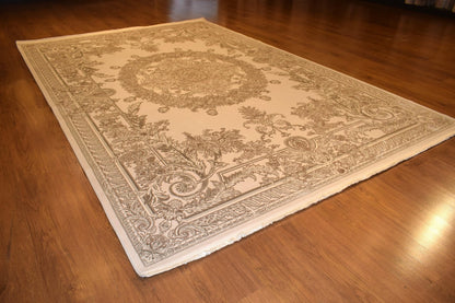 7x10 ft, Classic beige medallion Bamboo Rug with fine Fringes