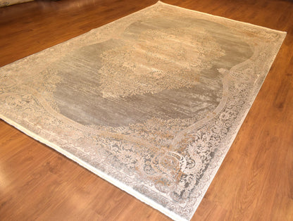 7x10 ft, Distressed Gray Rug: Viscose yarn, Medallion design carpet with Fringes