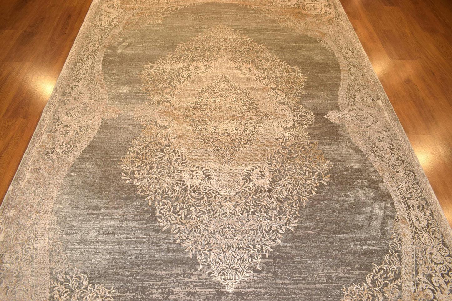 7x10 ft, Distressed Gray Rug: Viscose yarn, Medallion design carpet with Fringes