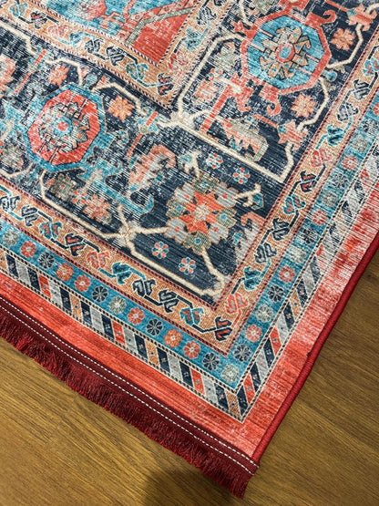 Red Vintage Oriental Rug: Classic Washable Rug with Tassels
