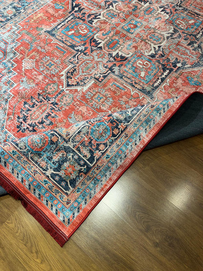Red Vintage Oriental Rug: Classic Washable Rug with Tassels