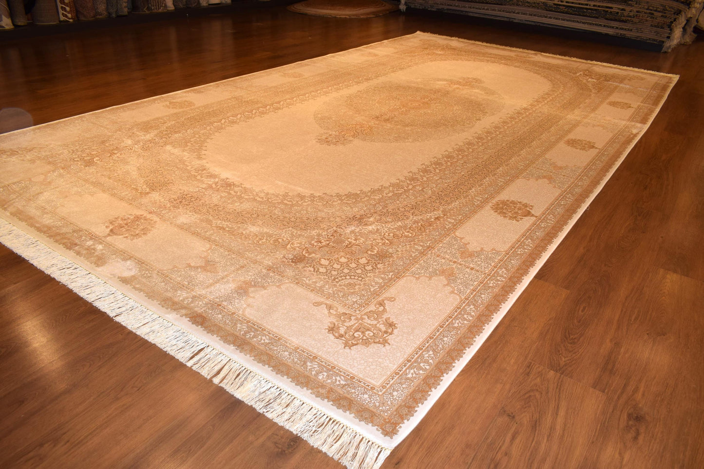 8x15 ft, Oversize Beige Classic Silk Medallion Rug: Fine quality rug with Fringes