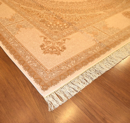 8x15 ft, Oversize Beige Classic Silk Medallion Rug: Fine quality rug with Fringes