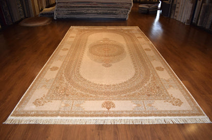 8x15 ft, Oversize Beige Classic Silk Medallion Rug: Fine quality rug with Fringes