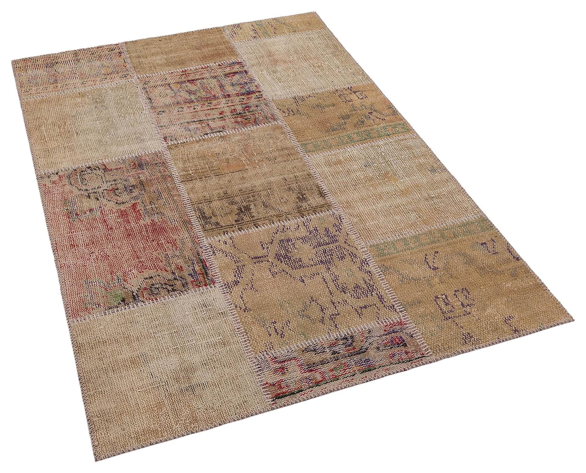 Handmade Wool Turkish Patchwork Rug: Vintage Bohemian Area Rug (4x6)