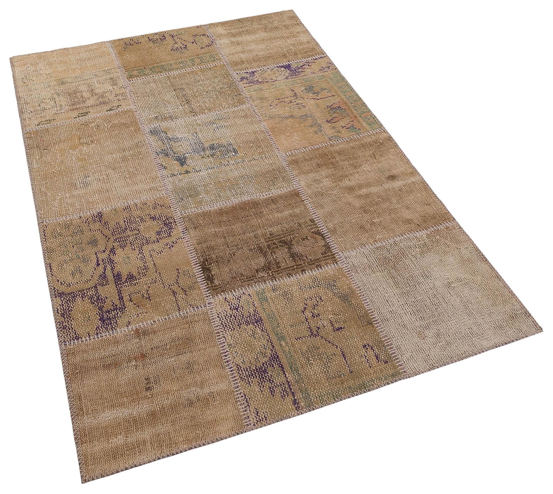 Handmade Wool Turkish Patchwork Rug: Vintage Bohemian Area Rug (4x6)