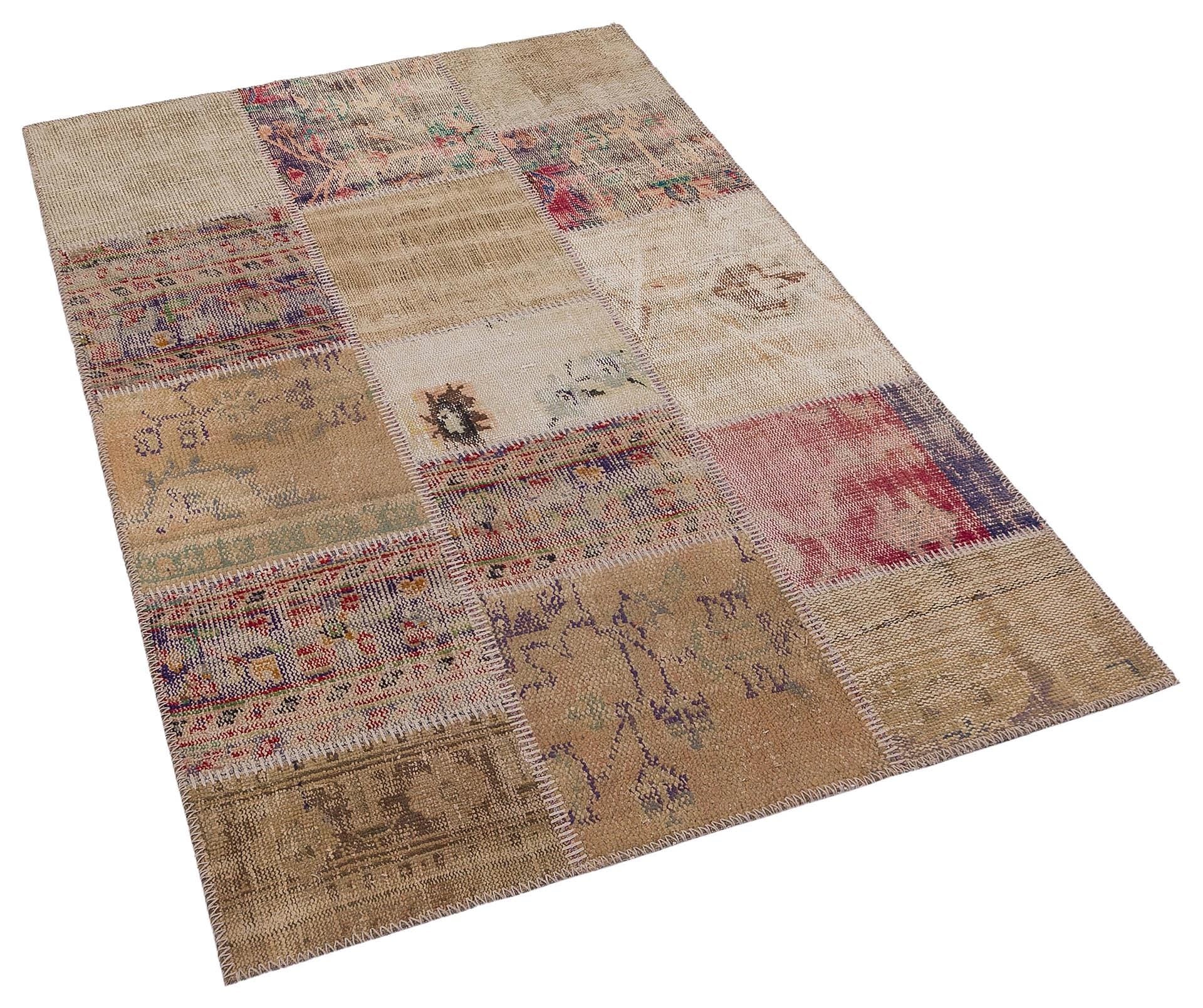 Handmade Wool Turkish Patchwork Rug: 4x6 Vintage Bohemian Area Rug