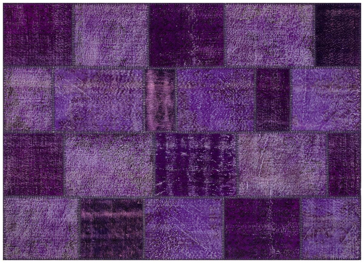 Handmade Wool Turkish Patchwork Rug: Purple Vintage Carpet (5.6x8)