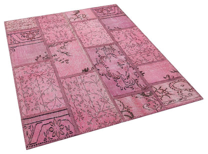 Handmade Wool Turkish Patchwork Rug: Vintage Pink Bohemian Area Rug (4.2x5.4)