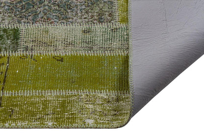 Handmade Wool Turkish Patchwork Rug: Green Vintage Area Rug (8.2x11.5)